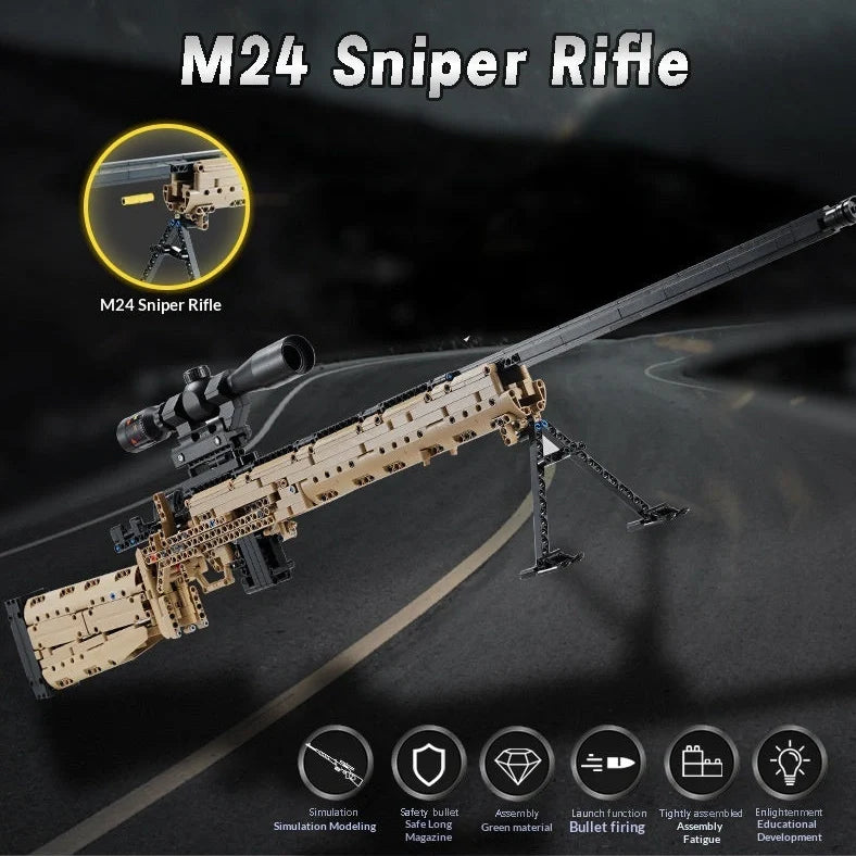 Building blocks sniper rifle assembly toy with bullet launch mechanism in gift box packaging