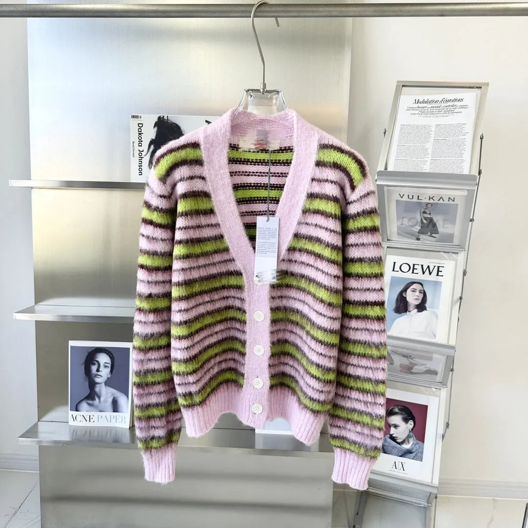 Pink wool ladies cardigan sweater with nap finish and contrast detailing, shown in cardigan and pullover styles.