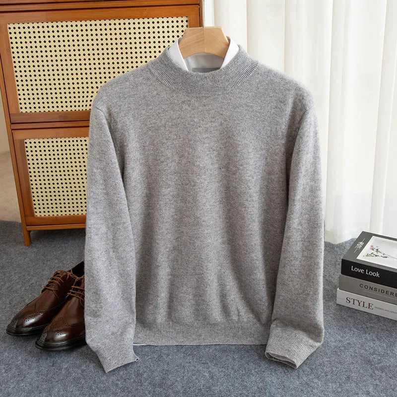 Men's half-collar wool sweater in loose fit with rough yarn texture, shown in winter business style