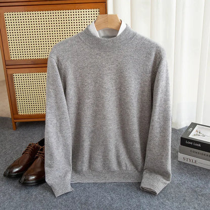 Men's half-collar wool sweater in loose fit with rough yarn texture, shown in winter business style