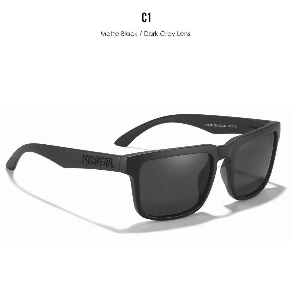 Square polarised sunglasses with TAC lenses and a PC frame, shown in one of 12 available colour options.