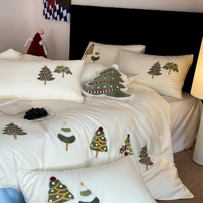 Christmas tree embroidered cotton bedding set with quilt cover, sheet, and pillowcases in cream blue or green green