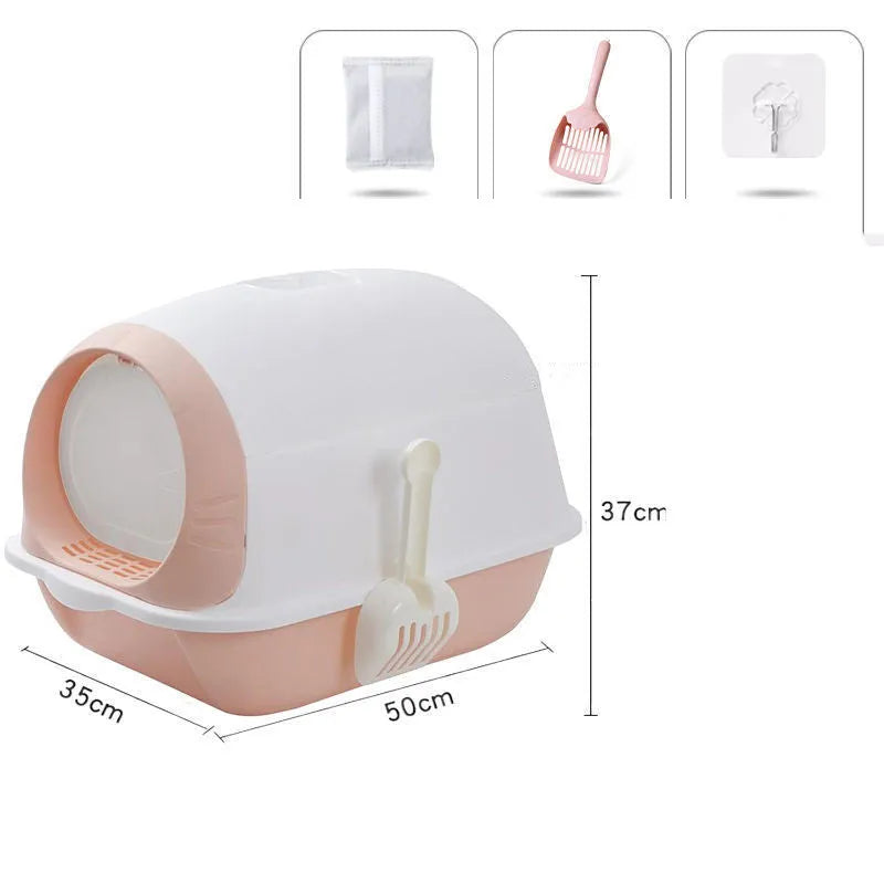 Semi-enclosed cat litter tray with flip cover, plastic and PP body, grey purple colour, scoop and deodorant bag included.