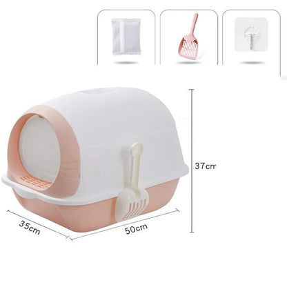 Semi-enclosed cat litter tray with flip cover, plastic and PP body, grey purple colour, scoop and deodorant bag included.