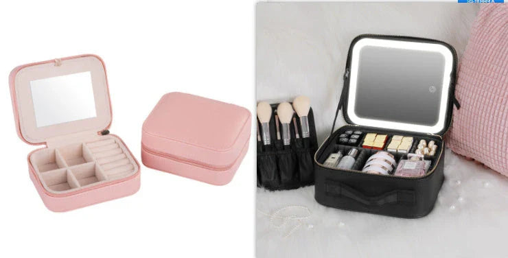 Glamorous lighted makeup vanity case with mirror, featuring large storage compartment, adjustable fill light, and high-definition mirror for flawless makeup application.