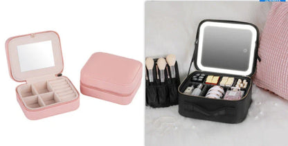 Glamorous lighted makeup vanity case with mirror, featuring large storage compartment, adjustable fill light, and high-definition mirror for flawless makeup application.