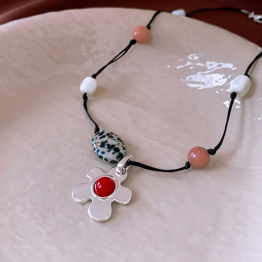Stone shell beaded flower pendant necklace with adjustable chain in silver-gold colour