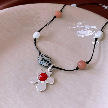 Stone shell beaded flower pendant necklace with adjustable chain in silver-gold colour