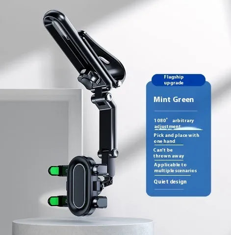 Grey and green car phone bracket with adjustable clip mounted on a car dashboard