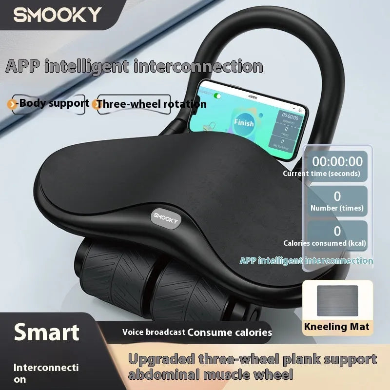 Three-wheel abdominal exercise wheel with automatic rebound mechanism and knee pad in black colour