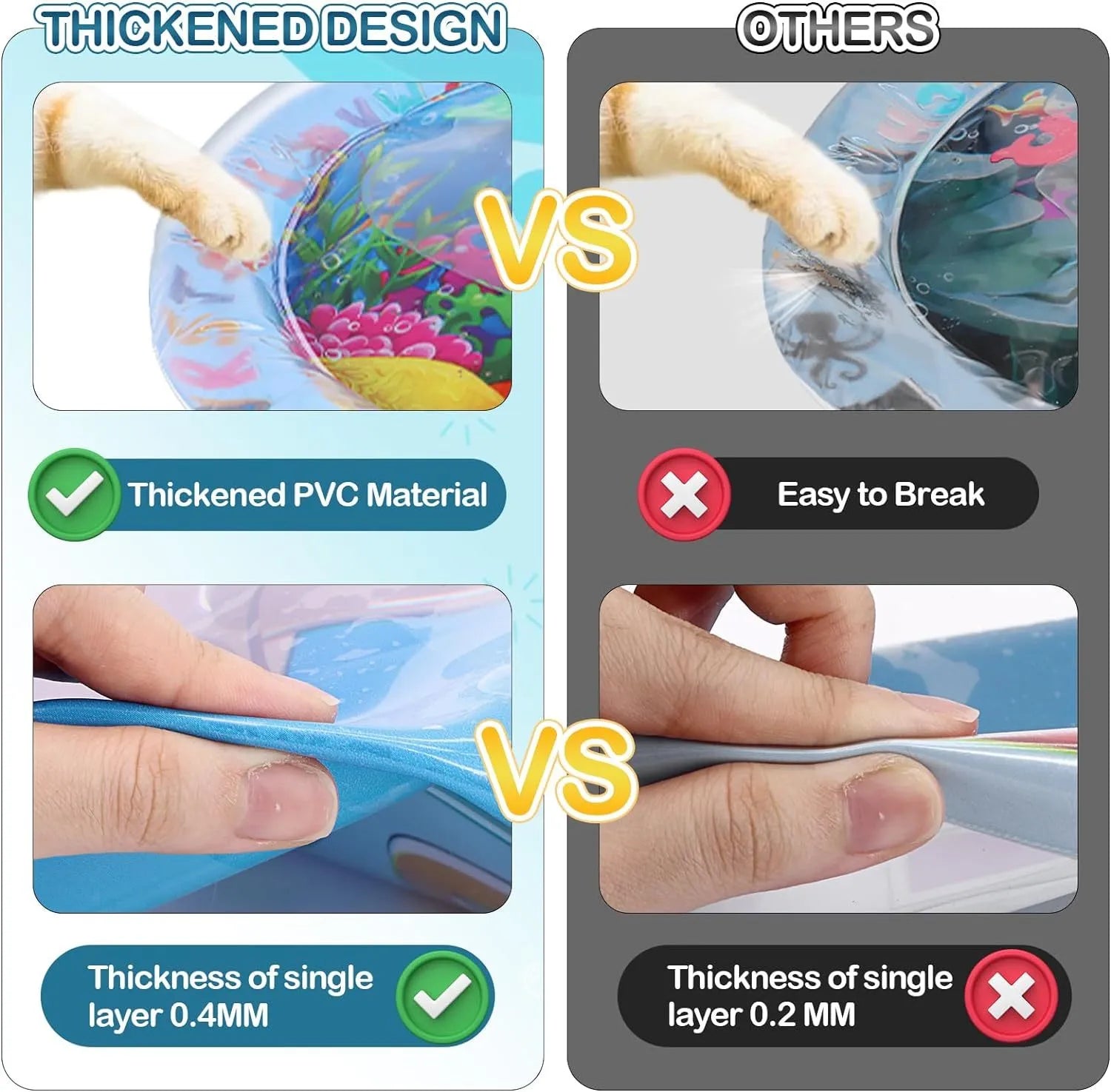 Thickened PVC water sensory playmat for pets with ocean fish design and floating toys.