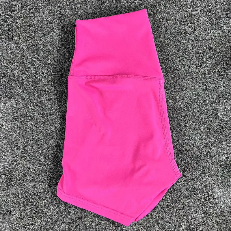 High-waisted yoga shorts in nylon fabric for moisture-wicking during sports, available in multiple colours and sizes.