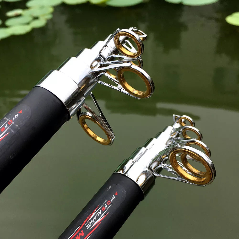 Carbon fiber telescopic fishing rod for sea fishing with metal guide rings