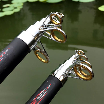 Carbon fiber telescopic fishing rod for sea fishing with metal guide rings