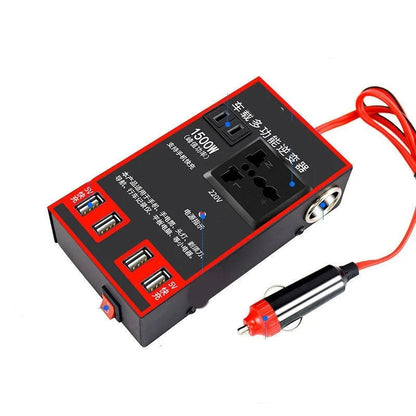 Black 12V 24V to 220V automotive power converter with AC socket and USB charging ports.