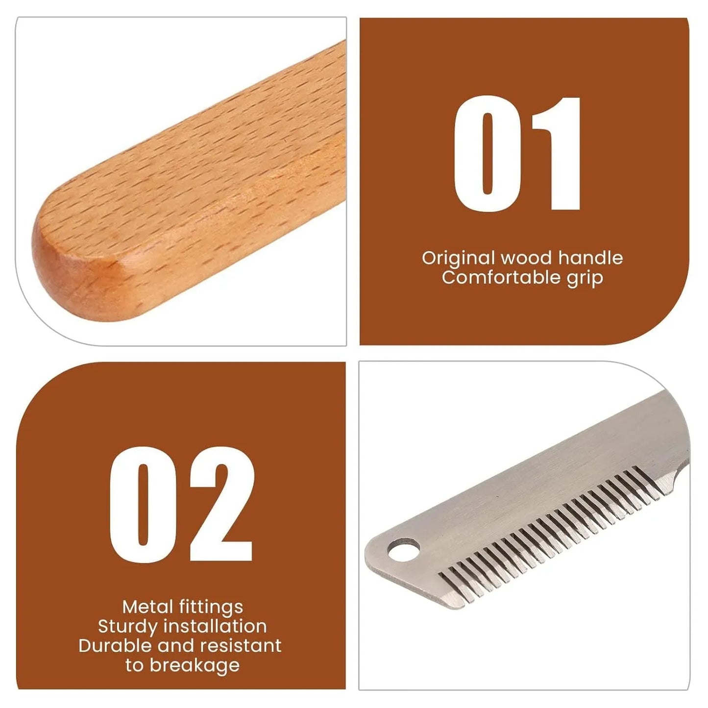 Pet stripping comb with wood handle for cats and dogs in two size options