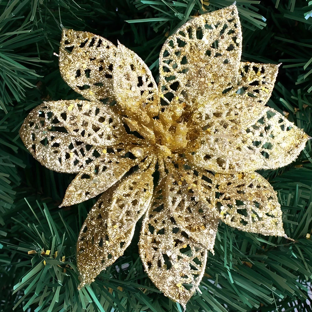 Set of 10 golden 15cm glitter flowers for Christmas trees in gold, silver, red colours
