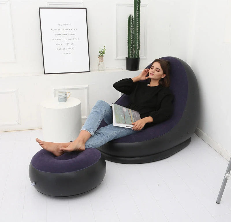 Inflatable Flocking Sofa in various colors, showcasing ergonomic design and portability