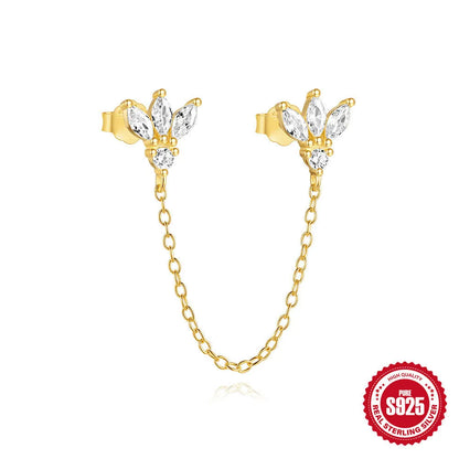 S925 sterling silver double piercing chain stud earrings with inlaid zircon stones in golden finish.