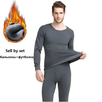 Men's plus velvet thick round neck thermal underwear set with long-sleeve pullover top and trousers in dark grey, light grey, black, or dark blue