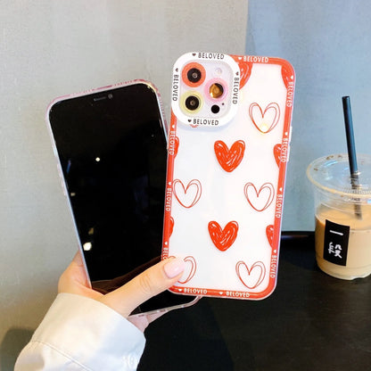 Pink and red love heart design TPU back cover case for compatible iPhone models.
