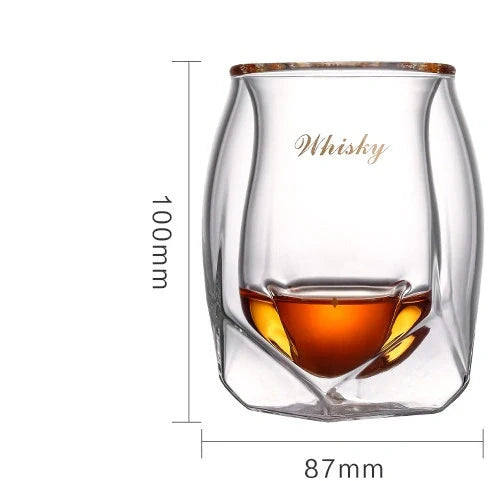 Handmade borosilicate whiskey glass with unique design and double glazing for thermal insulation