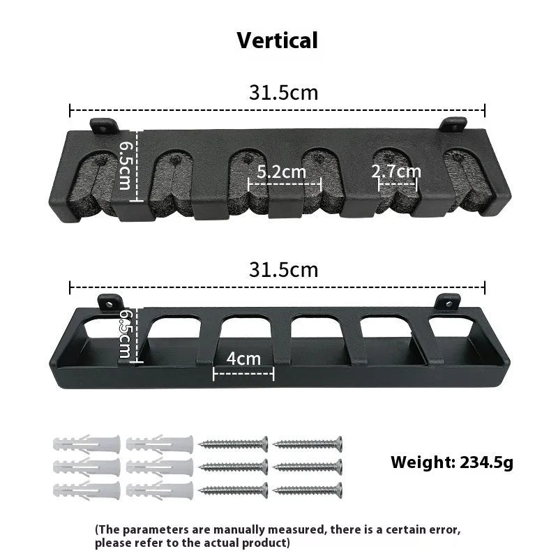 Black ABS wall-mounted fishing rod storage rack holding multiple rods horizontally on a shed wall.
