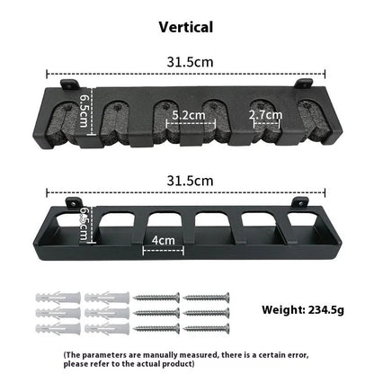 Black ABS wall-mounted fishing rod storage rack holding multiple rods horizontally on a shed wall.