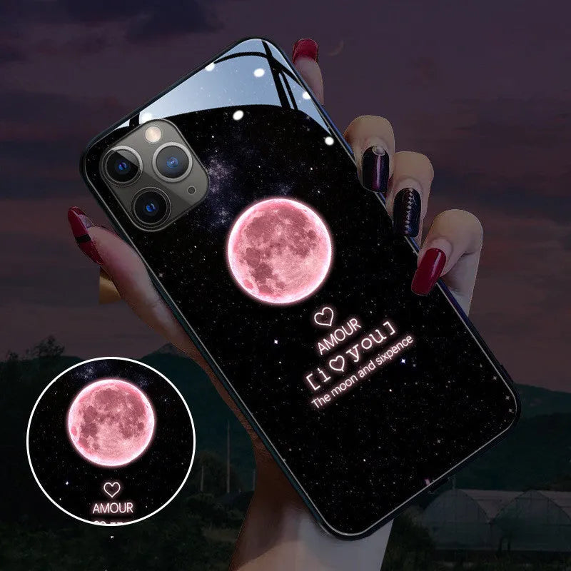 Apple iPhone case with LED flash light and tempered glass back in decorative design