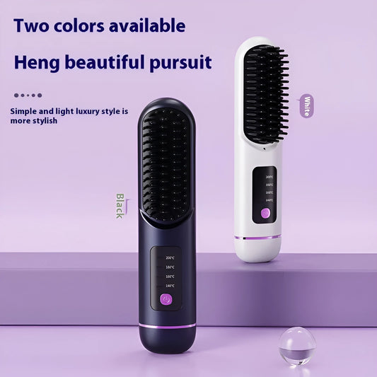 White portable negative ion hair comb on a wooden surface, showing its sleek ABS plastic body and teeth.