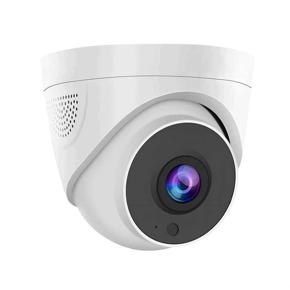 White security camera with 1080p recording and voice intercom measuring 10.7×10.7×9cm
