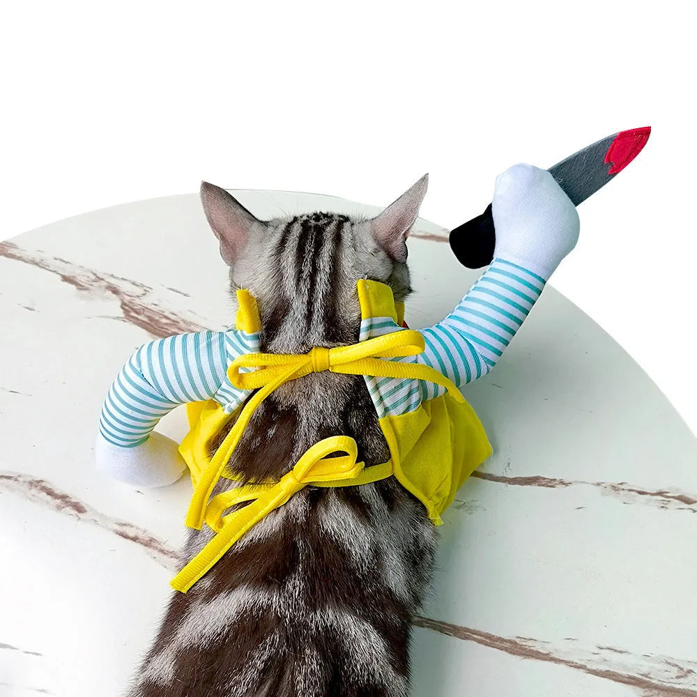 Yellow assassin costume clothing for cat showing polyester fabric and themed design