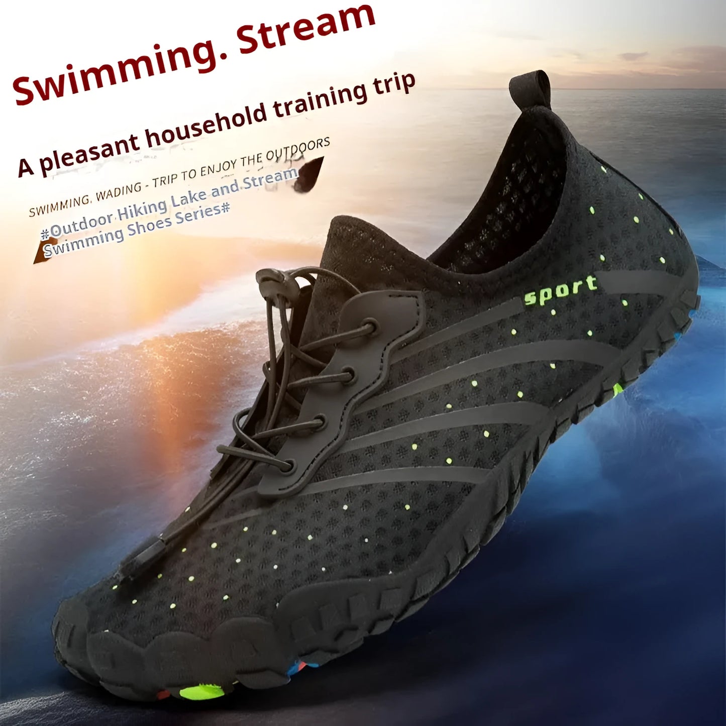 Fast drainage outdoor fitness shoes in army green colour with mesh upper and rubber sole