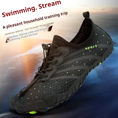 Fast drainage outdoor fitness shoes in army green colour with mesh upper and rubber sole