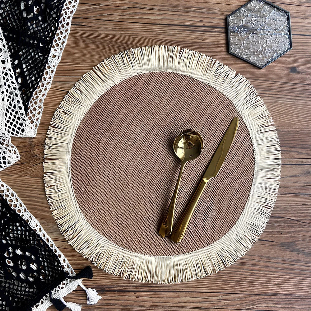 Round handwoven jute placemat with decorative tassels measuring 30cm diameter in Christmas green colour
