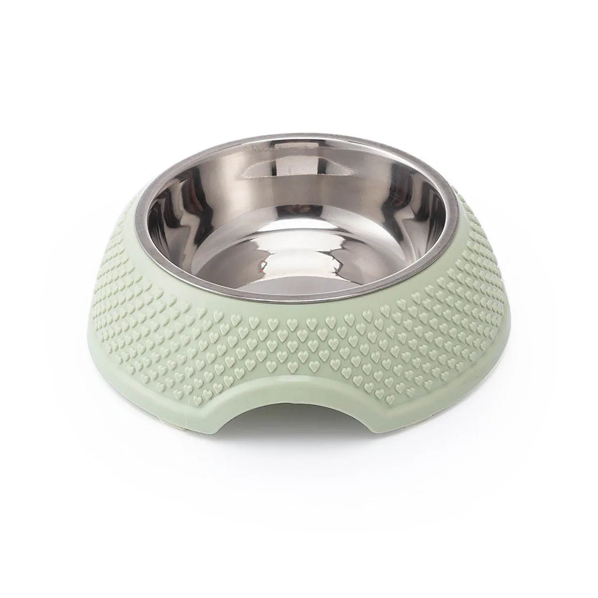 Blue stainless steel pet bowl with non-slip weighted base on a plain surface.