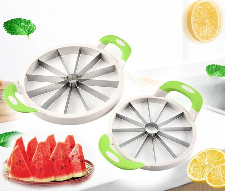 Premium stainless steel watermelon slicer with non-slip handles for easy, effortless cutting and slicing of watermelons up to 8.1 inches in diameter