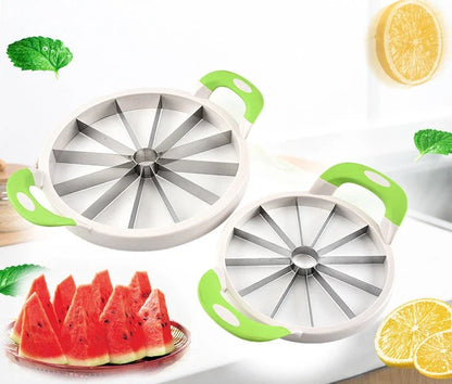 Premium stainless steel watermelon slicer with non-slip handles for easy, effortless cutting and slicing of watermelons up to 8.1 inches in diameter