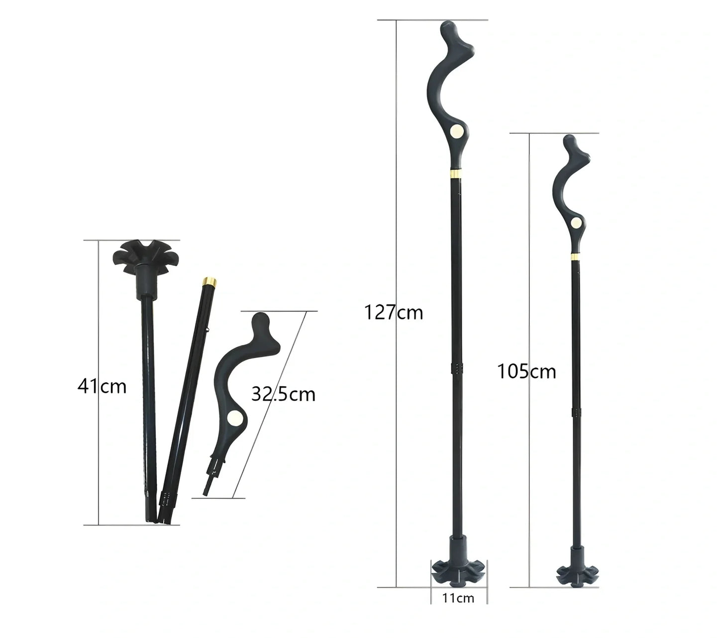 Telescopic folding walking stick with ergonomic handle extended to full height showing 6-tip base design