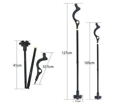 Telescopic folding walking stick with ergonomic handle extended to full height showing 6-tip base design
