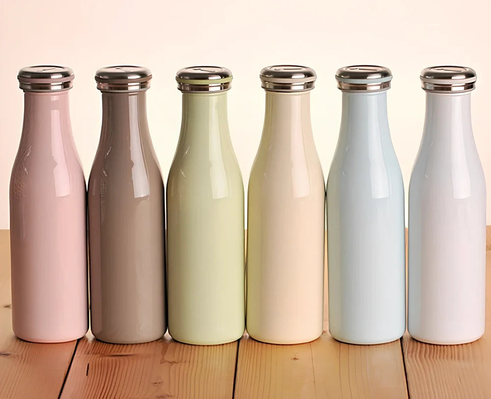 Milk vacuum water bottle in blue, 350ml size with 304 stainless steel insulation and silicone seal, 17cm tall