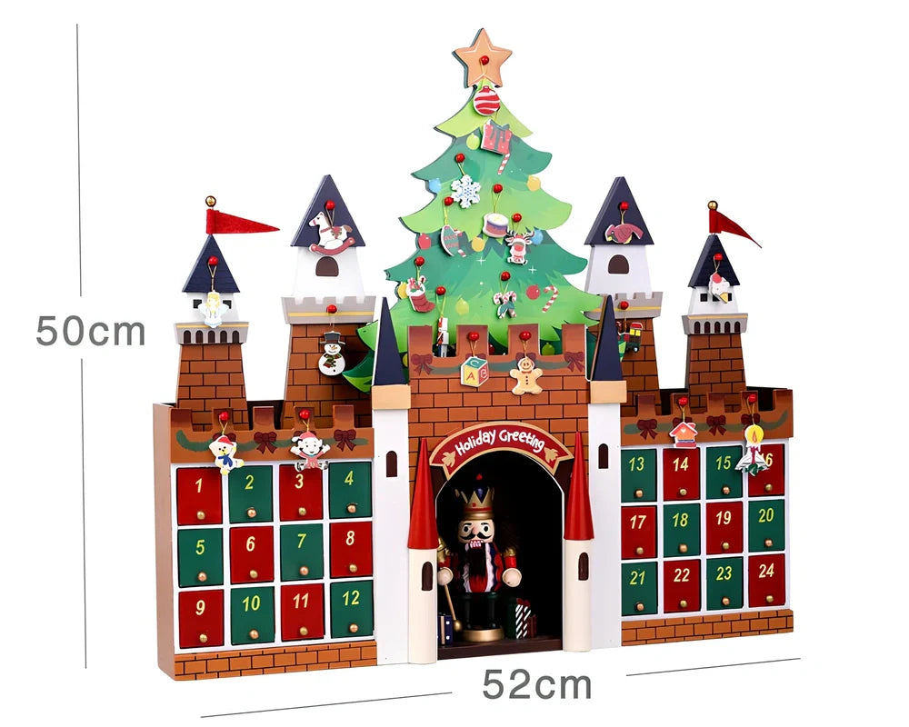 Wooden Christmas advent calendar with 24 numbered compartments in red and green colours measuring 37x32cm