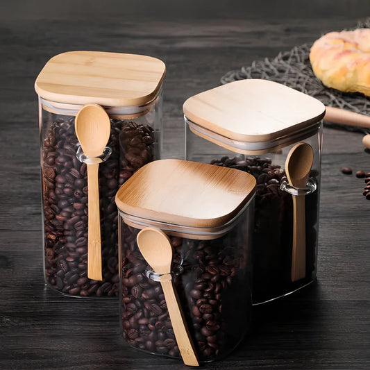 Square glass food storage cans with Japanese design in 800ml, 1000ml, and 1200ml capacity options