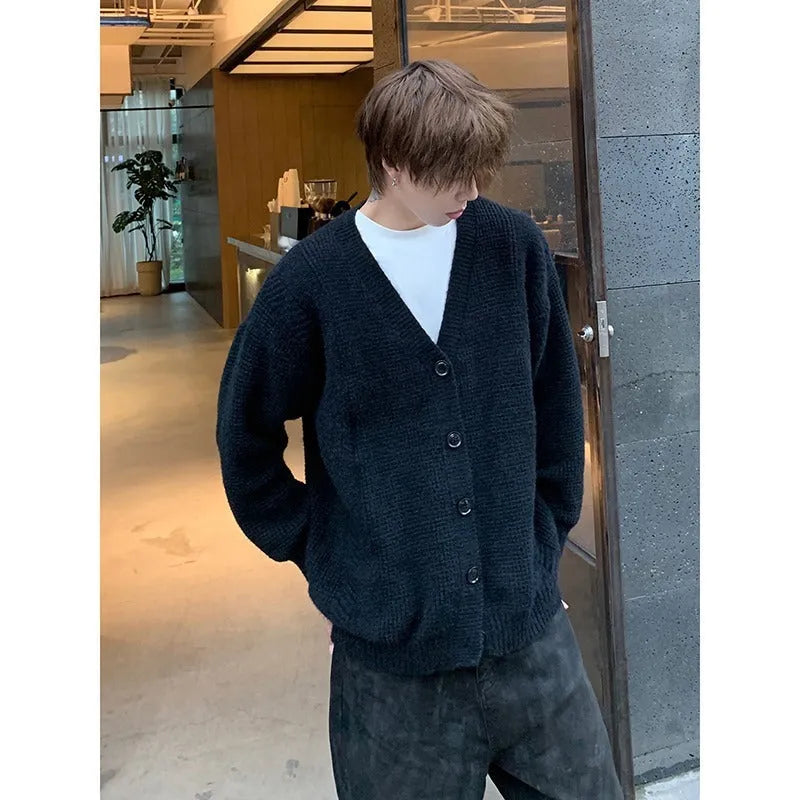 Men's loose fit V-neck cardigan sweater in army green, a cotton blend casual garment