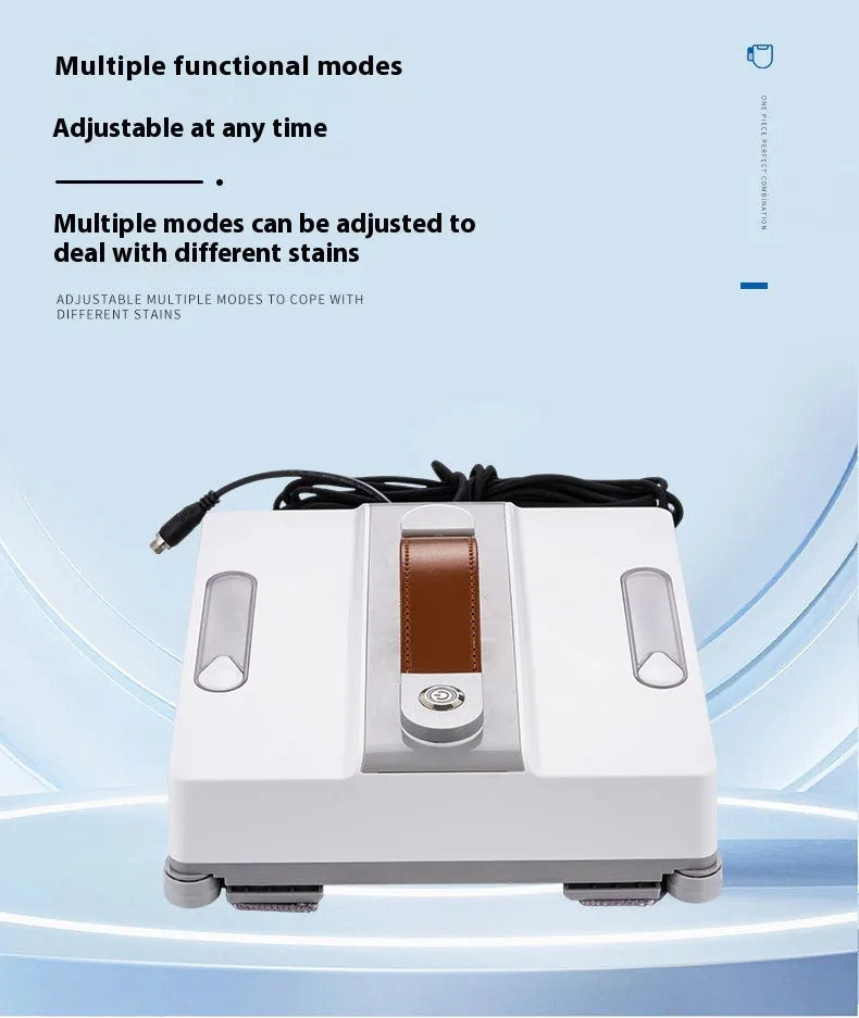White window cleaning robot with 4 spray nozzles, dimensions 220mm x 220mm x 70mm, for automated high-rise window maintenance