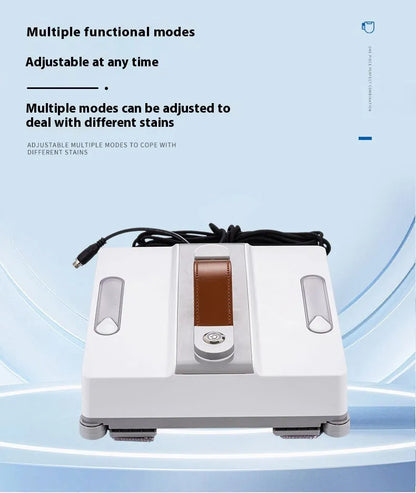 White window cleaning robot with 4 spray nozzles, dimensions 220mm x 220mm x 70mm, for automated high-rise window maintenance