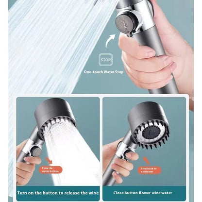 Portable handheld ABS plastic massage shower head with three spray mode settings on a white background.