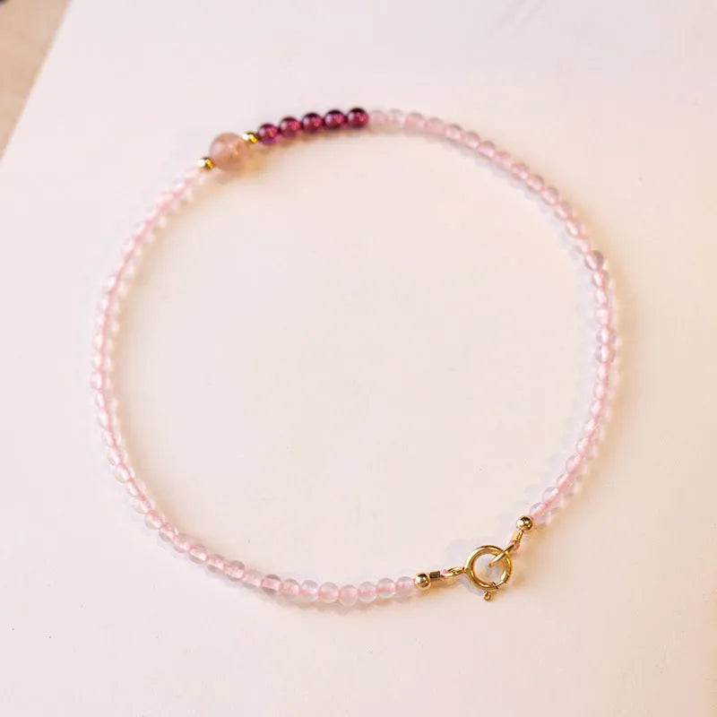 Handmade pink crystal bracelet with strawberry quartz sections, available in 14cm, 15cm and 16cm lengths