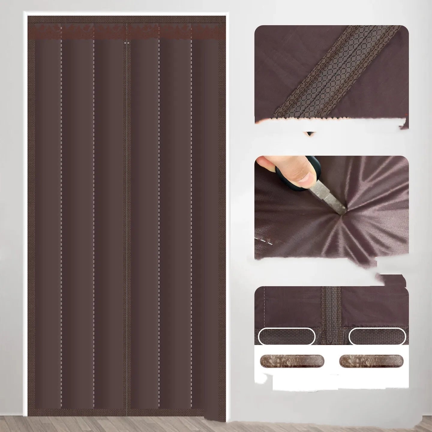 New Chinese style magnetic strip door curtain with vertical stripes in Oxford cloth coffee colour, showing full seam edges and integrated magnetic closure