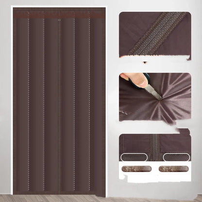 New Chinese style magnetic strip door curtain with vertical stripes in Oxford cloth coffee colour, showing full seam edges and integrated magnetic closure